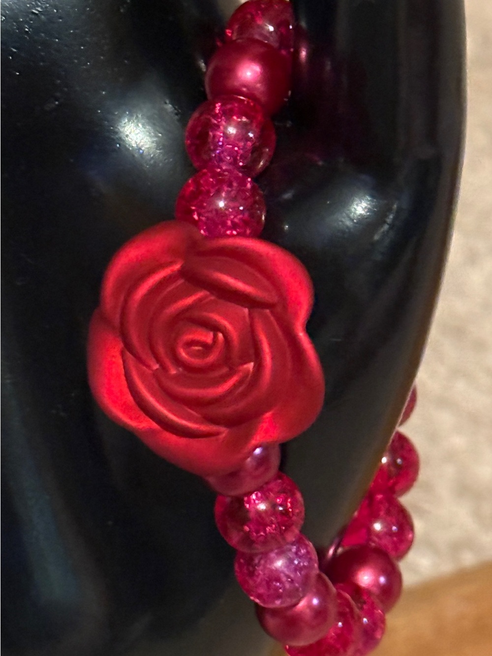 Red Rose Beaded Bracelet Handcrafted Crimson Flower Romantic Gift BRJ - Picture 4 of 5